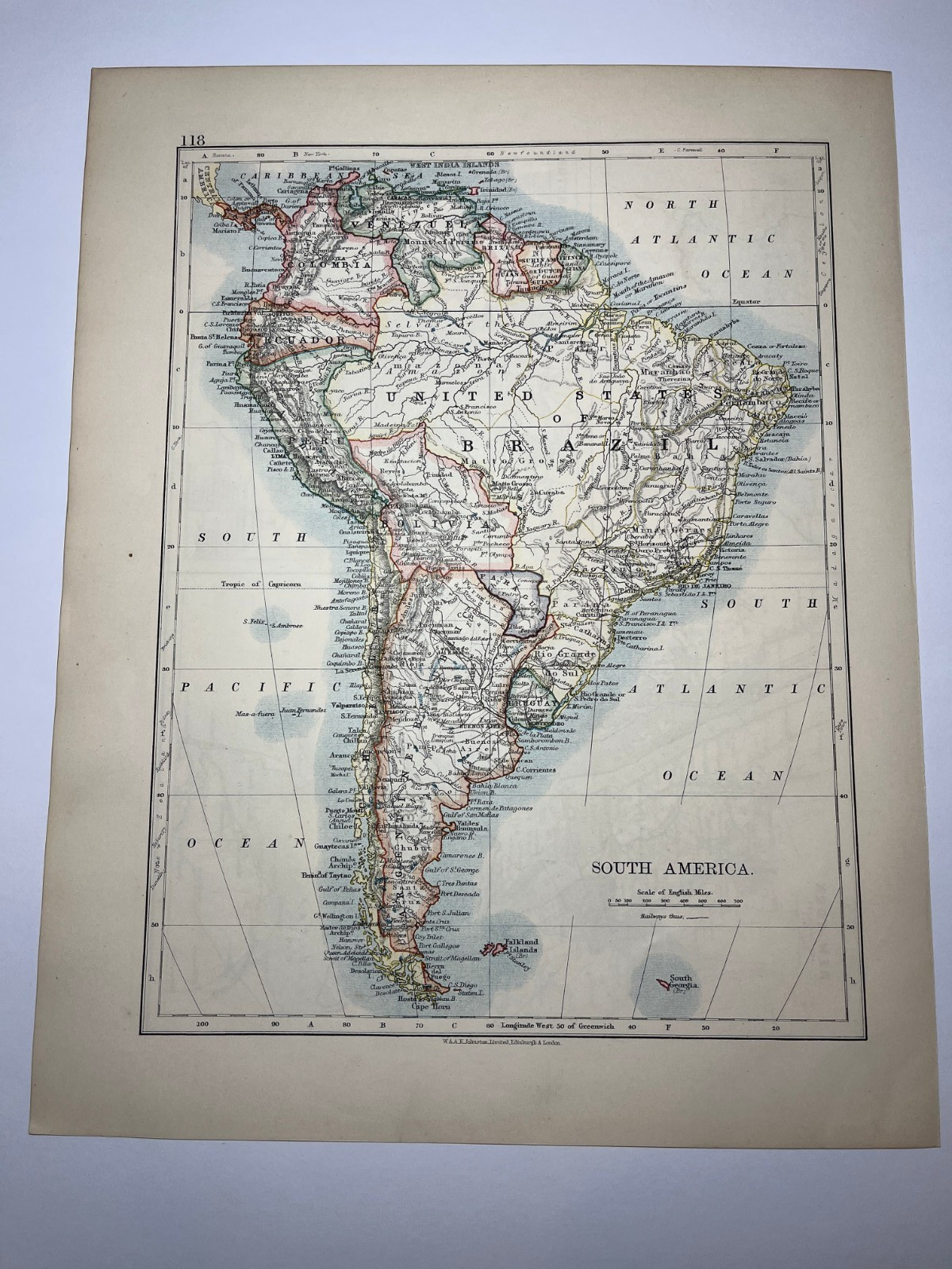 1908 Map of SOUTH AMERICA fm 1908 Johnstons World-Wide Atlas SEE DESCRIP