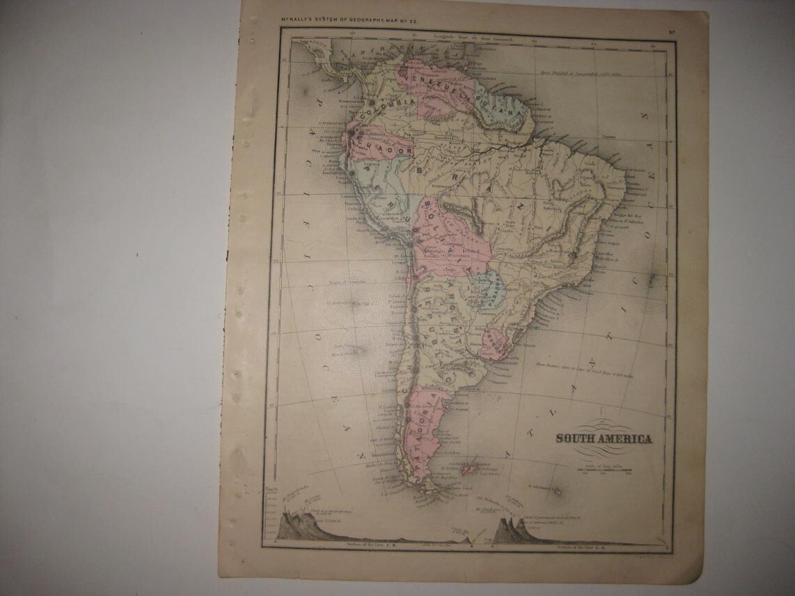 ANTIQUE 1866 SOUTH AMERICA HANDCOLORED MAP MOUNTAIN BRAZIL PERU ECUADOR CHILE NR