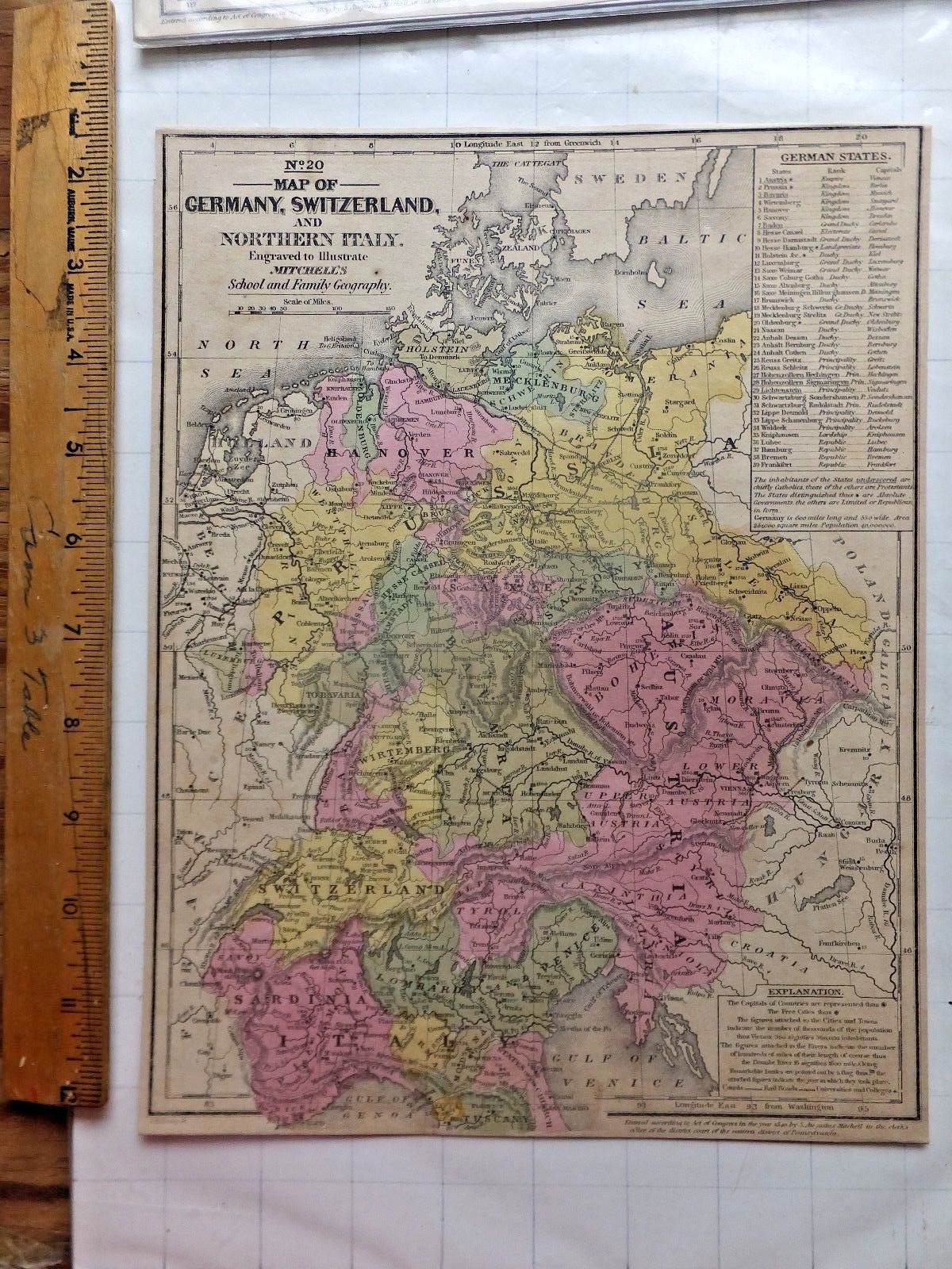 1848 Mitchell Atlas Color Map – Germany, Switzerland, No.Italy. 8 1/4 x 10 1/4