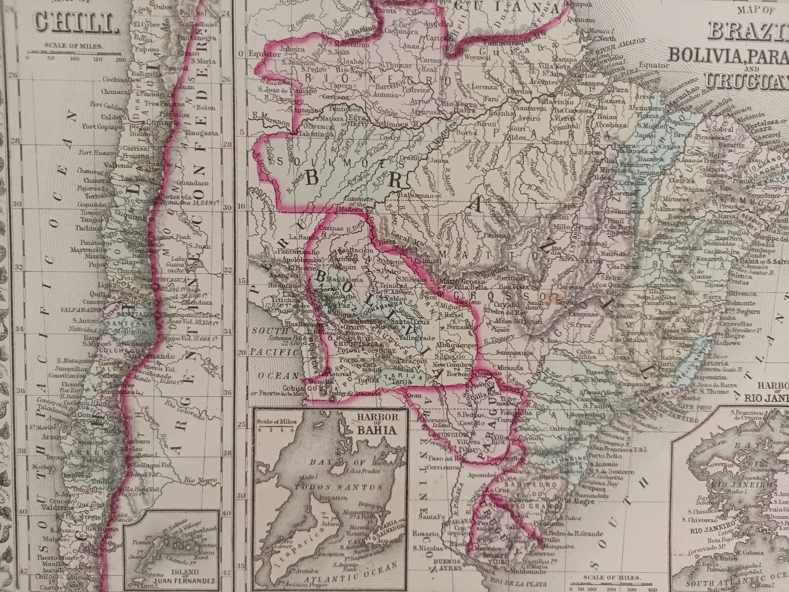 1873 Mitchell’s Atlas Map of Chile, Brazil, Bolivia, Paraguay, Uruguay Authentic