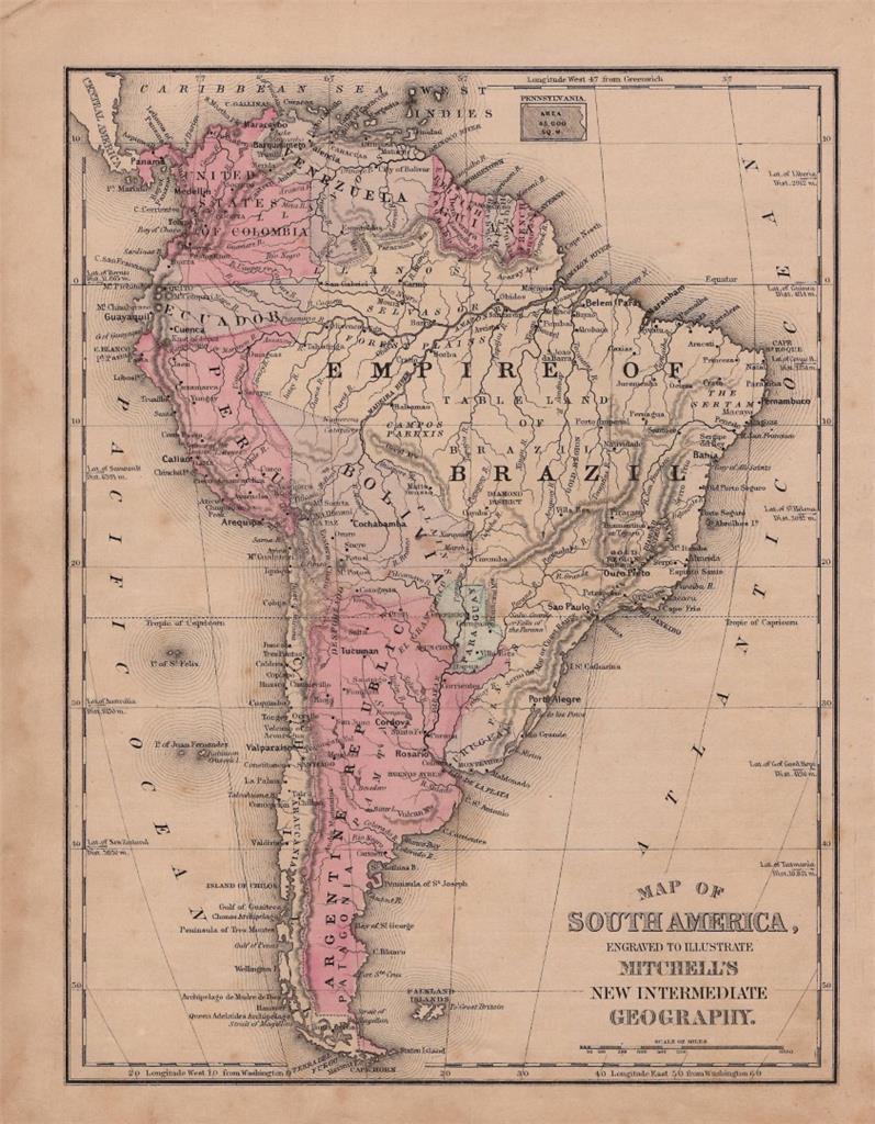 1886 MITCHELL’S NEW INTERMEDIATE GEOGRAPHY ATLAS-MAP OF SOUTH AMERICA