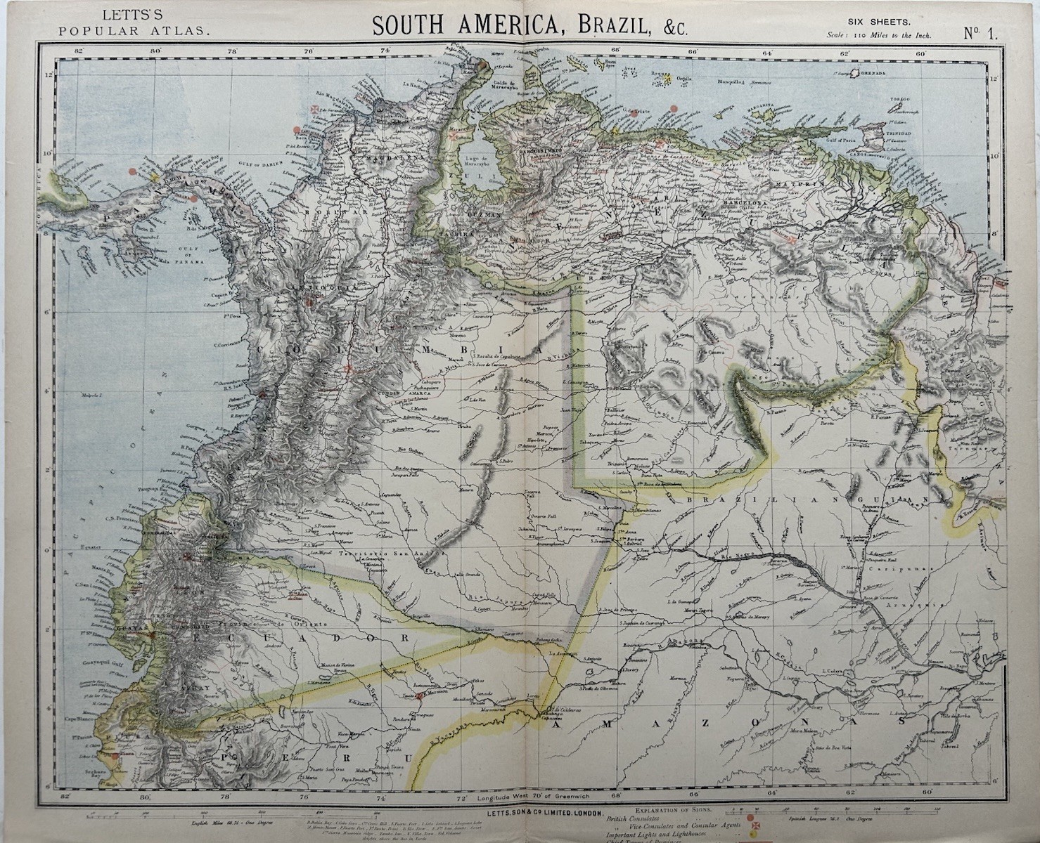 1883 Colombia, Venezuela & Ecuador Original Antique Colour Map by Letts
