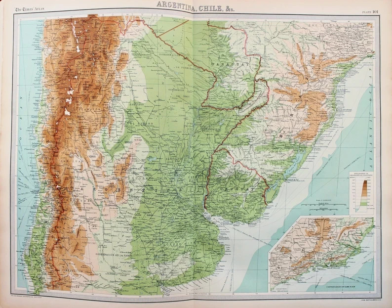 ARGENTINA-CHILLI-SOUTH AMERICA – 1922 TIMES ANTIQUE FOLDING MAP by Bartholomew