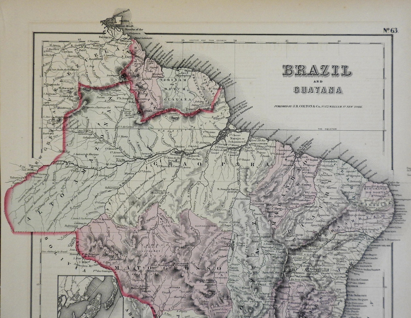 South America Empire of Brazil Guyana Suriname Pernambuco 1855 J.H. Colton map
