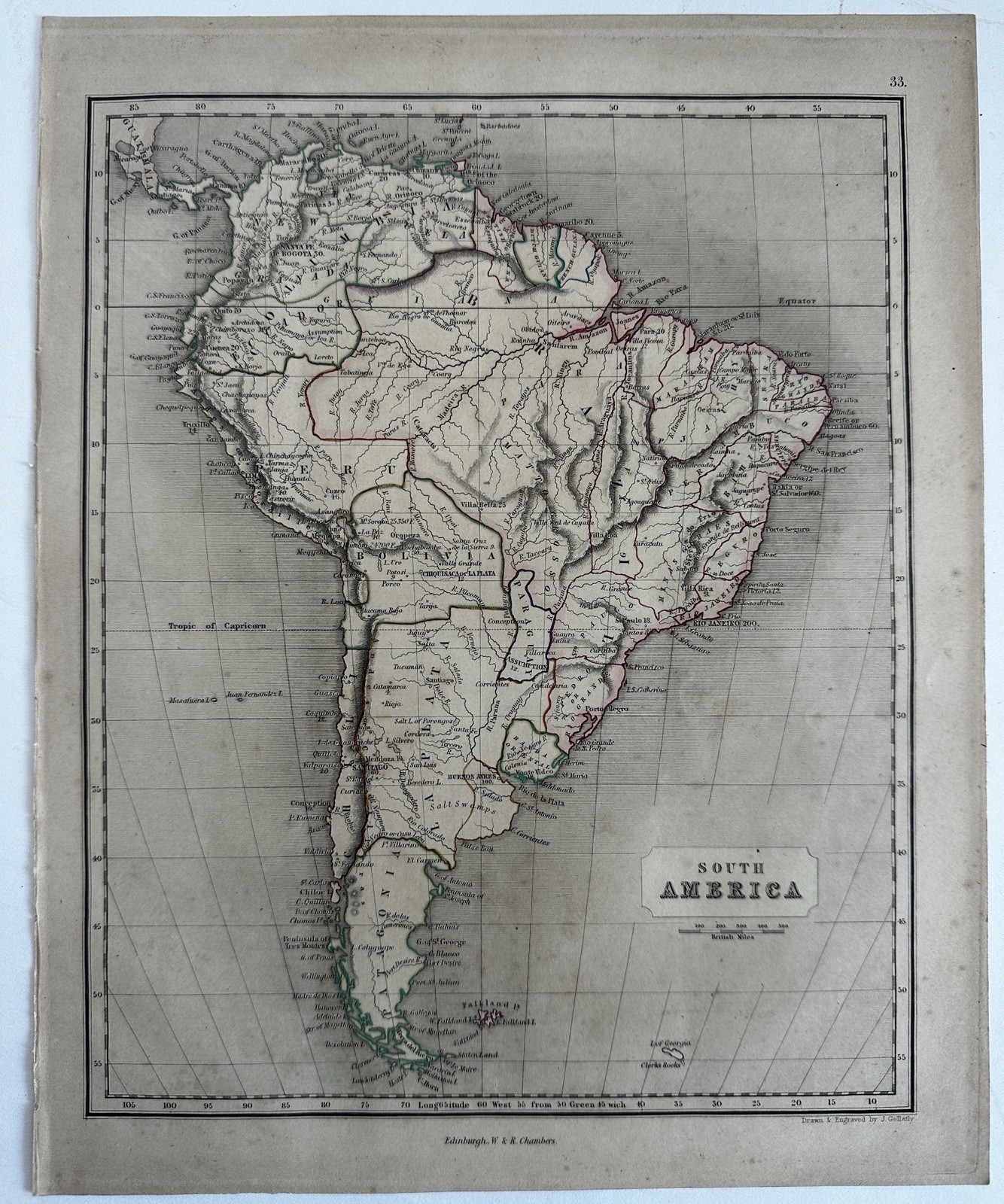 South America continent 1848 Chambers Gellatly engraved hand colored map