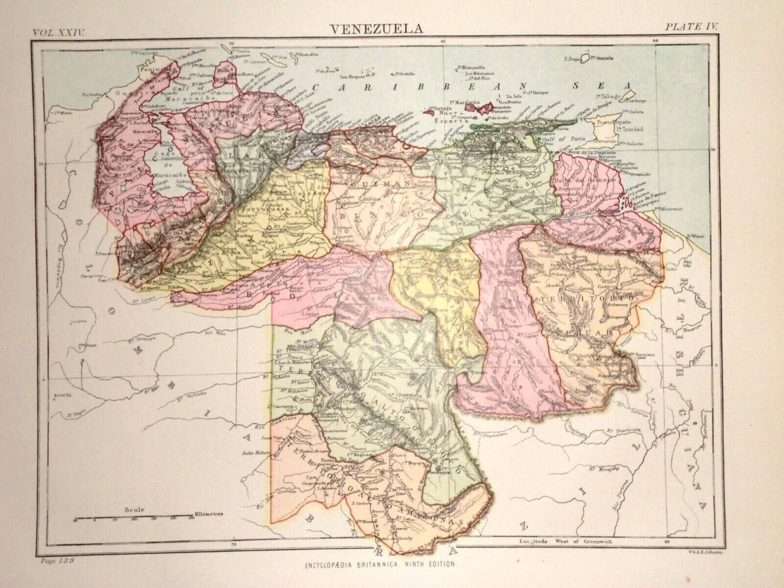 Original Victorian Map of Venezuela, South America (1889) Ex Britannica 9th Ed