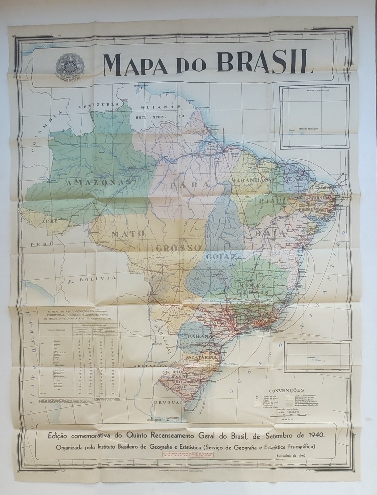Original 1940 MAPA DO BRASIL IBGE Census Map Brazil 99x74cm Vintage