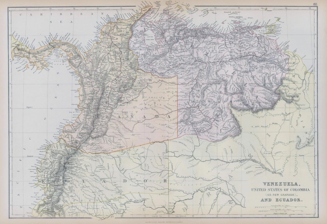 1882 LARGE Antique Map VENEZUELA UNITED STATES COLUMBIA ECUADOR BLACKIE (BA8)