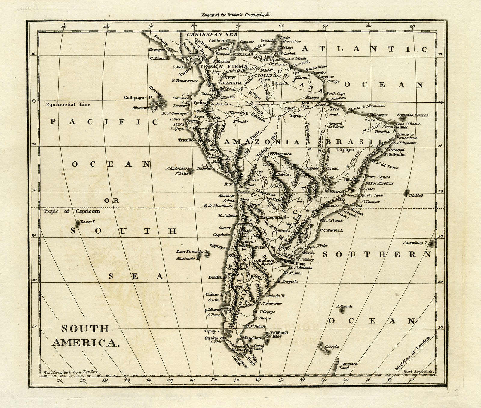 Antique Map-SOUTH AMERICA-BRASIL-CHILI-PERU-Walker-1810