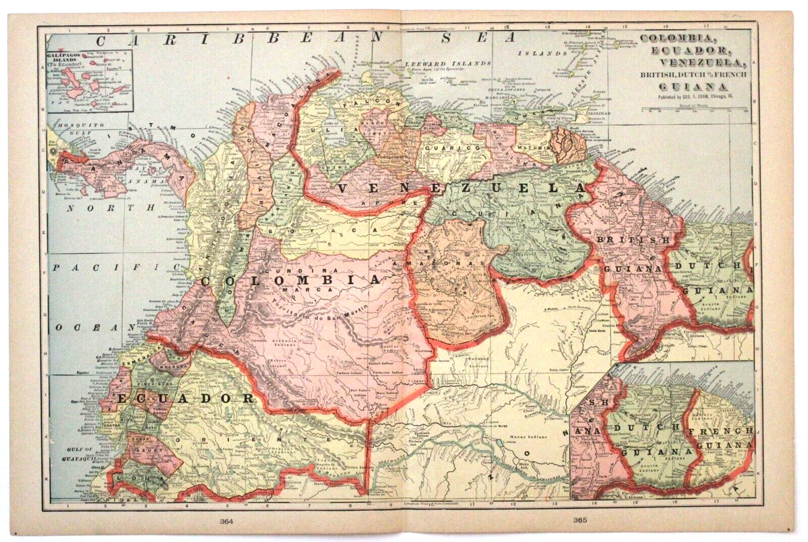 “COLUMBIA, ECUADOR, VENEZUELA, GUIANA” Antique authentic map 1902