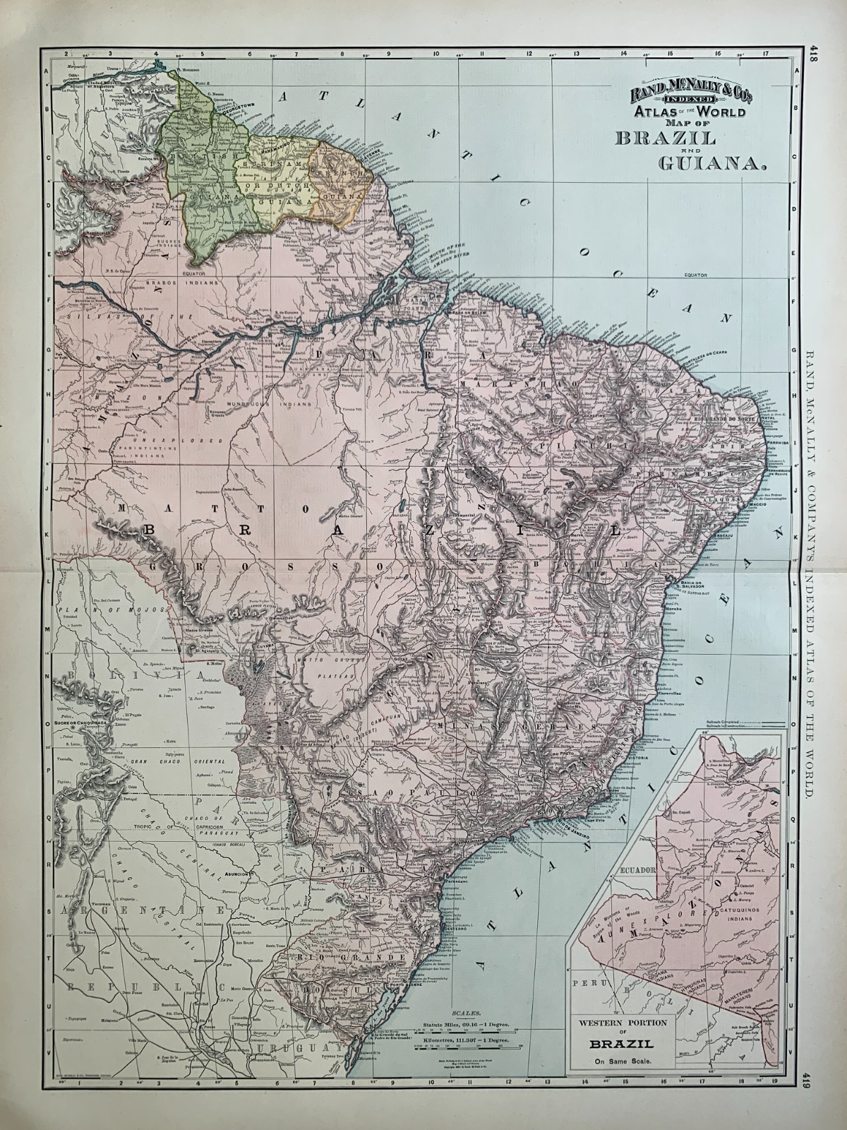 Map of BRAZIL & GUIANA from 1893 INDEXED ATLAS OF THE WORLD Rand-McNally