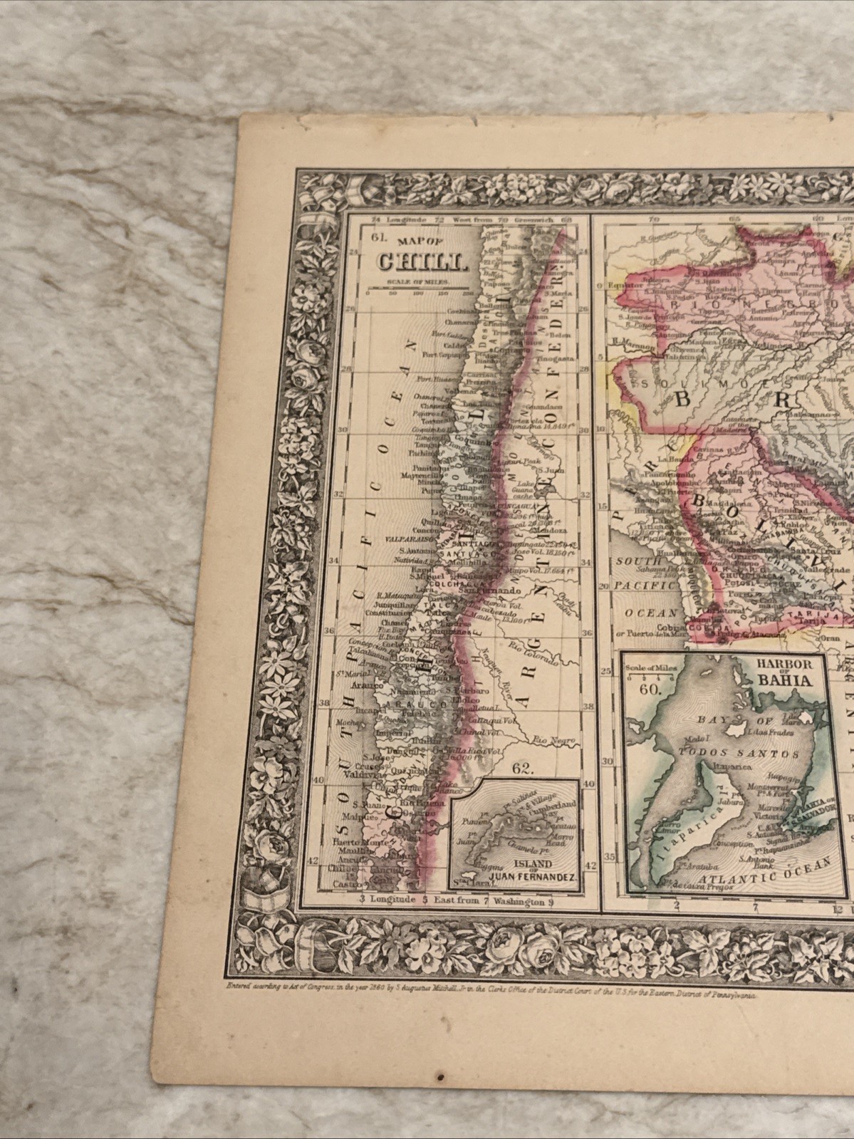 Antique c. 1860 Chili Brazil Bolivia Paraguay Uruguay Mitchell Map 15.25×12.5”