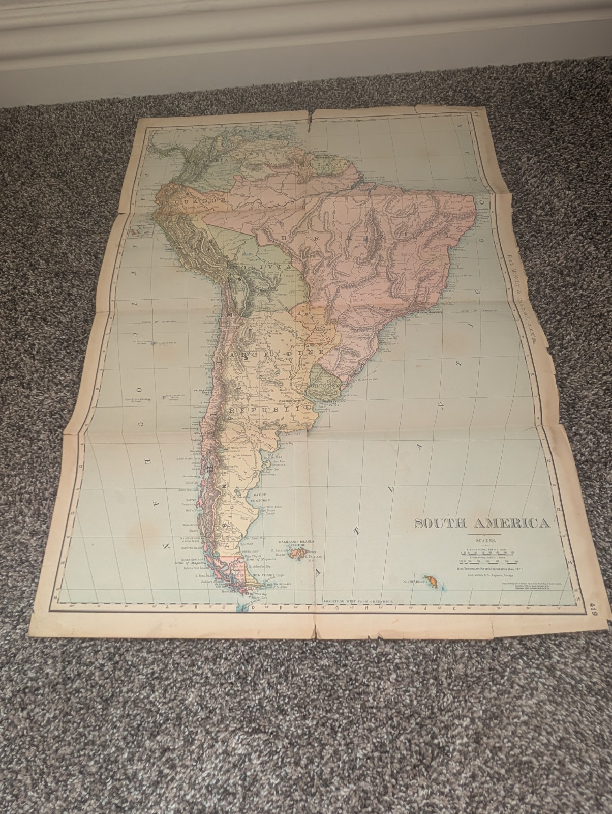 Large VTG Rand, McNally & Co Antique 1895 Map Of South America 27″ X 20.5″