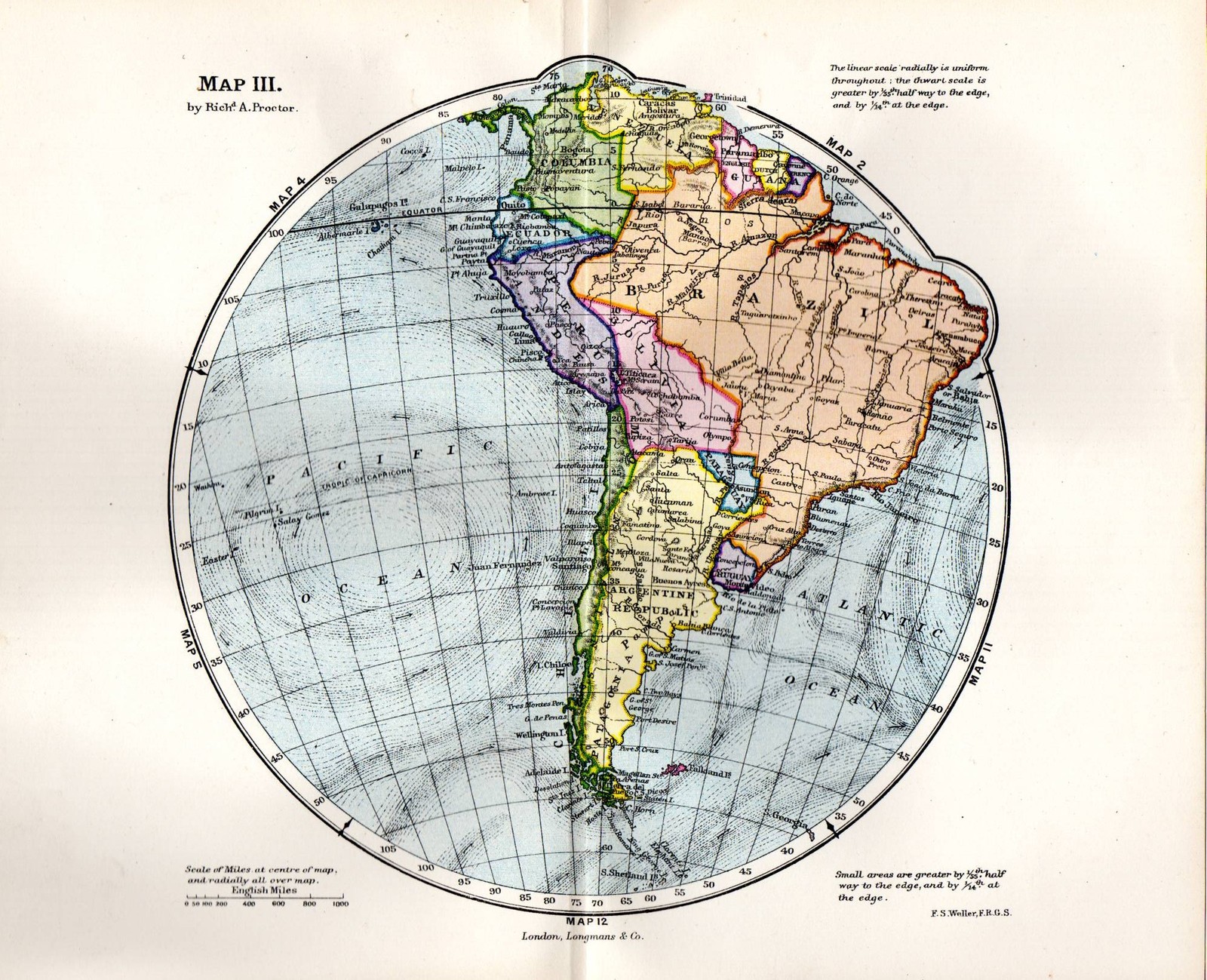 1889 VICTORIAN CIRCULAR MAP ~ SOUTH AMERICA BRAZIL S.W. ATLANTIC S.E. PACIFIC