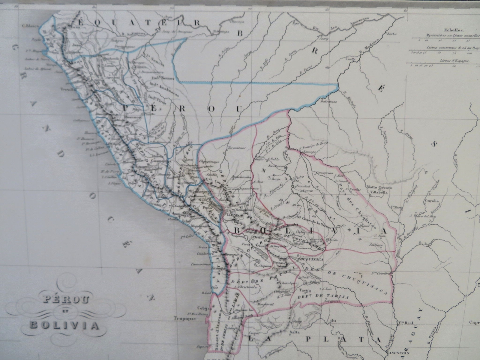 Peru & Bolivia Lima La Paz Ecuador Andes Mountains 1846 uncommon hand color map