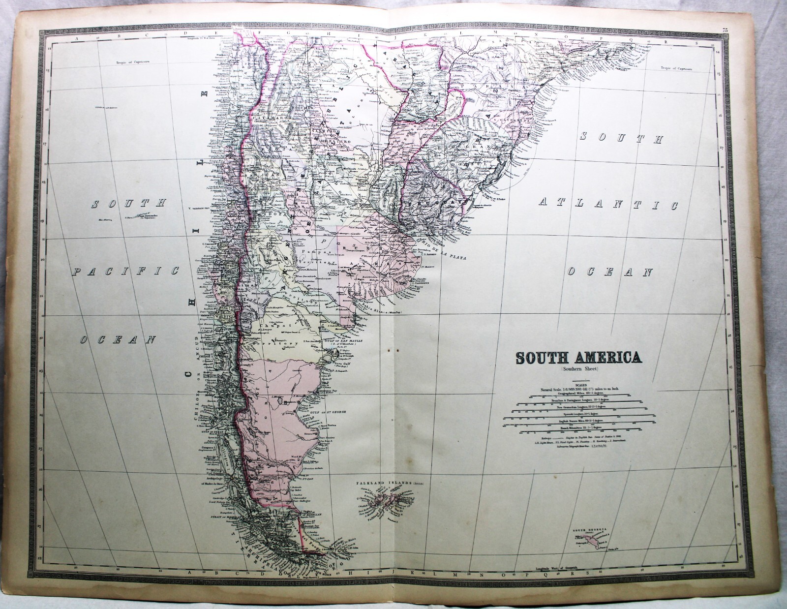 BRADLEY’S ATLAS MAP PAGE PLATE OF SOUTH AMERICA SOUTHERN PART 1887 VINTAGE