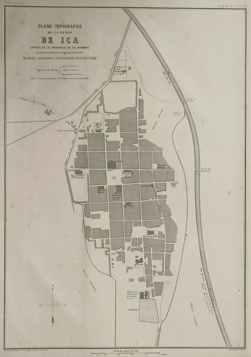 Paz Soldán Peru. Plano topografico de la ciudad de ica.1865 Map Peru