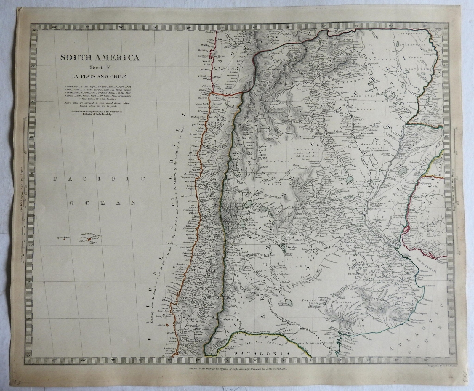 South America Chile La Plata Argentina Uruguay 1840 SDUK detailed antique map