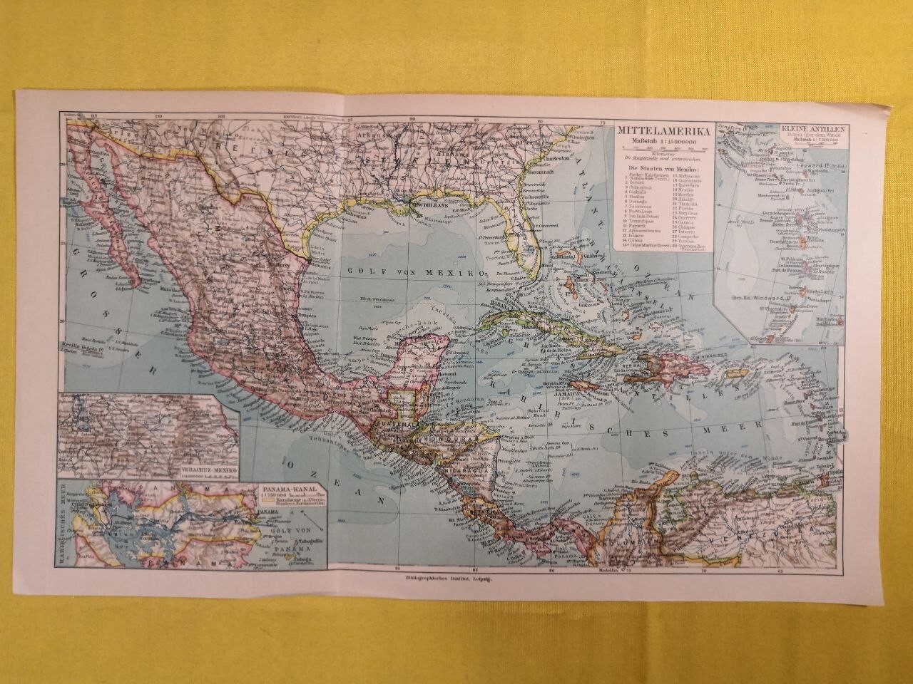 1931 CENTRAL AMERICA Vintage Geographical Map ORIGINAL Color 16 x 9.5″ – C12-8