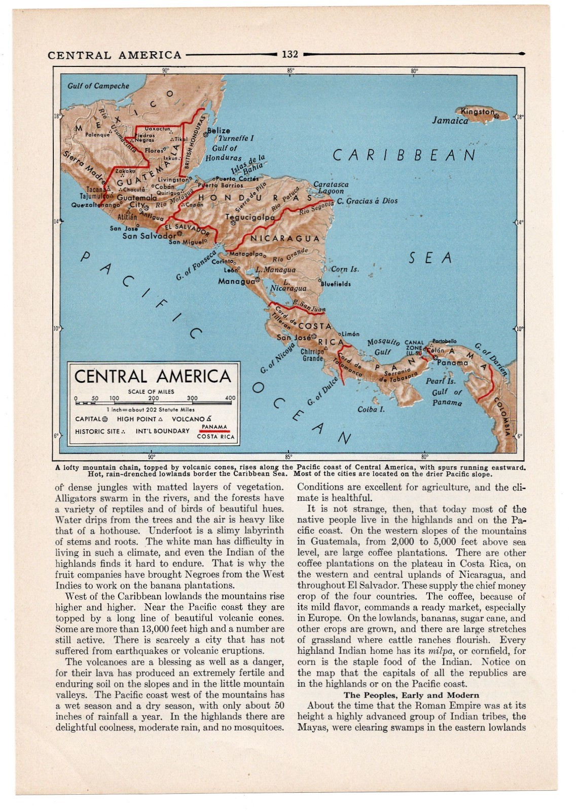 Central America Volcanic Highlands & Coasts Small Vintage Map 1922–1948 Print