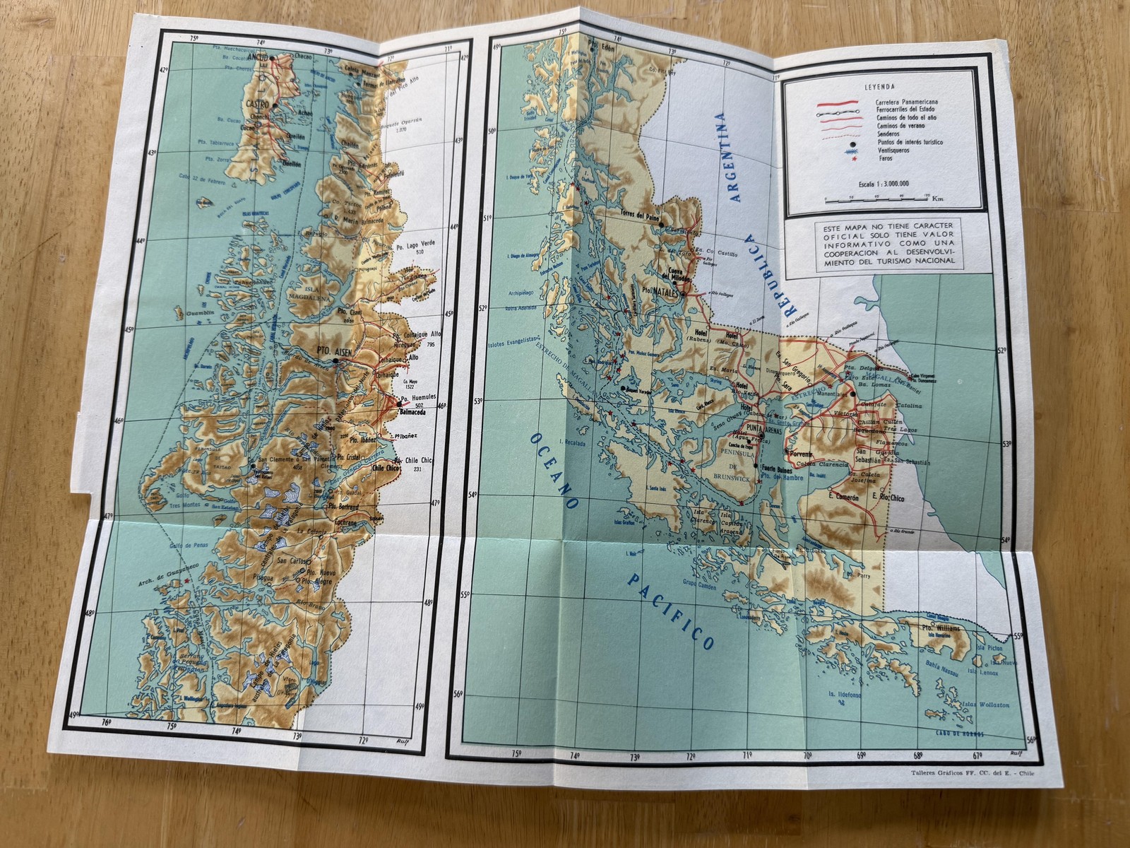 Vintage Patagonia Tierra Del Fuego Argentina Chile Color Folding Relief Map