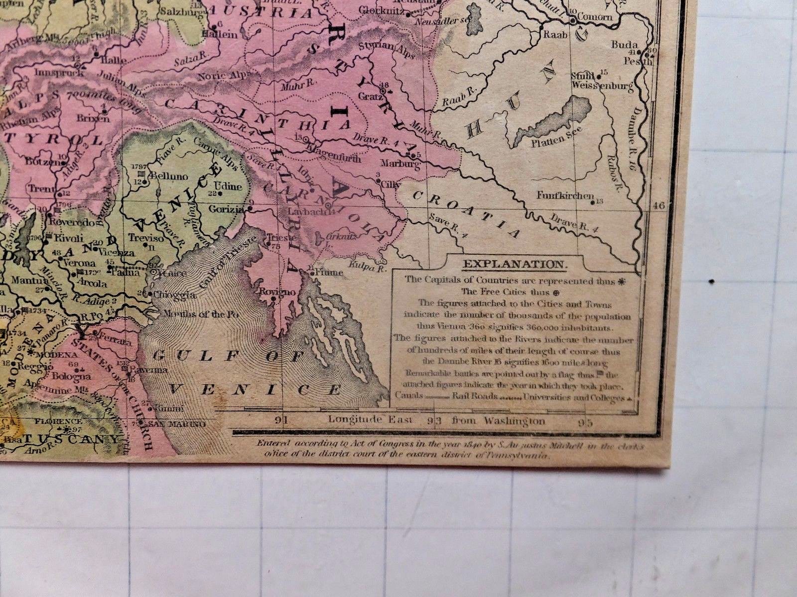 1848 Mitchell Atlas Color Map – Germany, Switzerland, No.Italy. 8 1/4 x 10 1/4