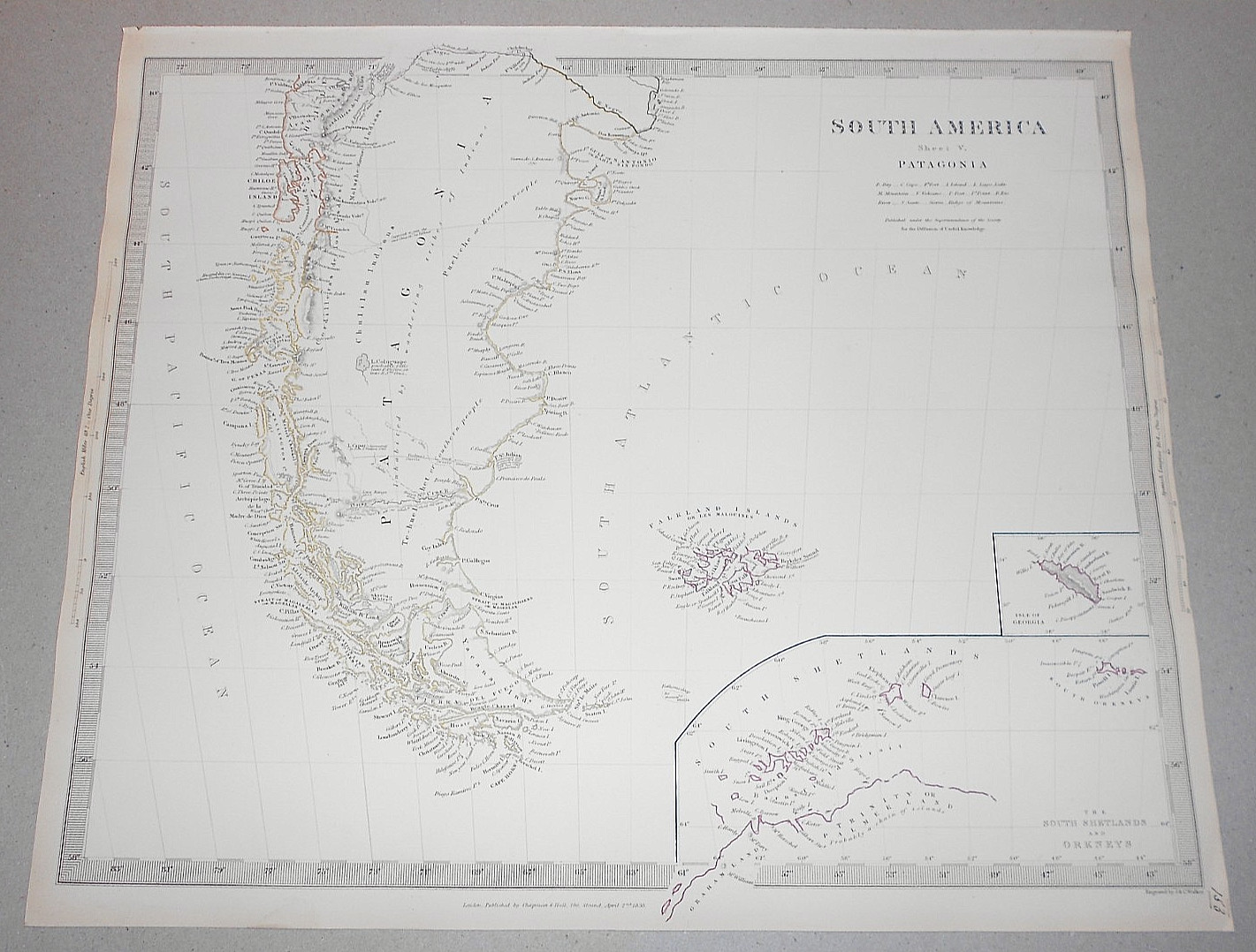 SOUTH AMERICA. PATAGONIA. ORIGINAL SDUK MAP DATED 1838. 41 x 35 cms
