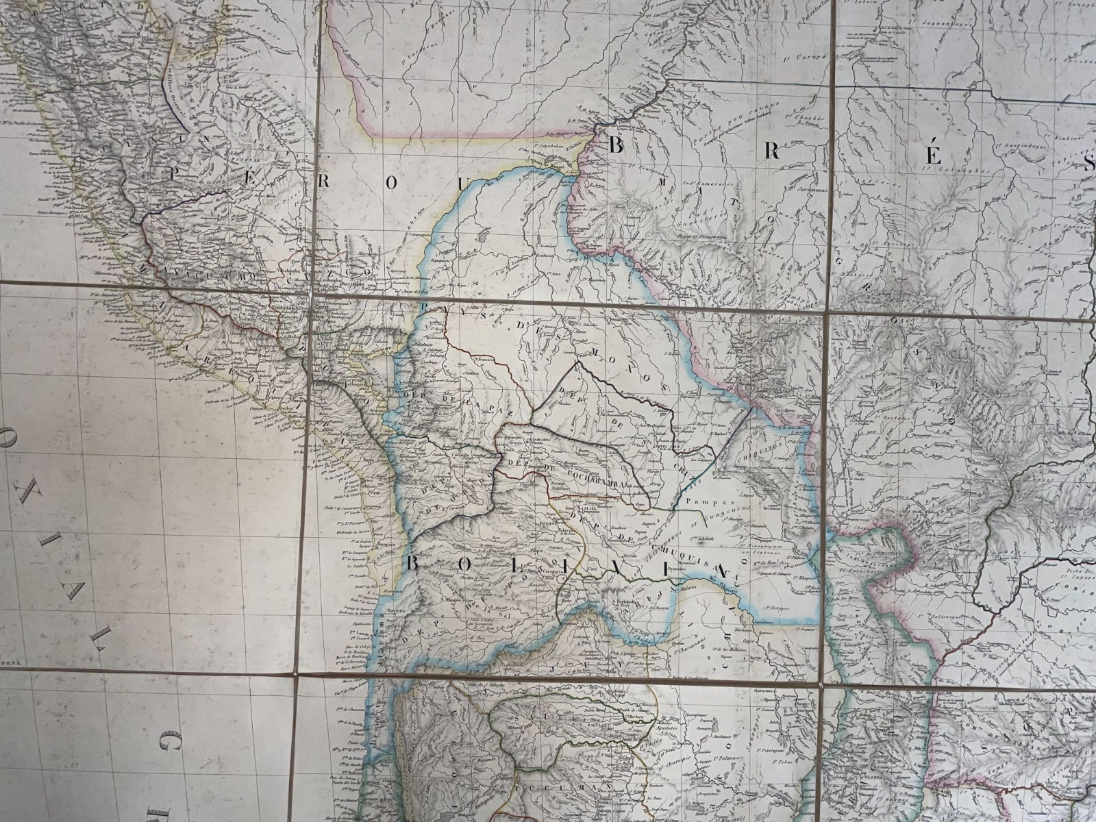 SOUTH AMERICA 1843 A.H. BRUE UNUSUAL OVERSIZE ANTIQUE WALL MAP IN ITS BOX