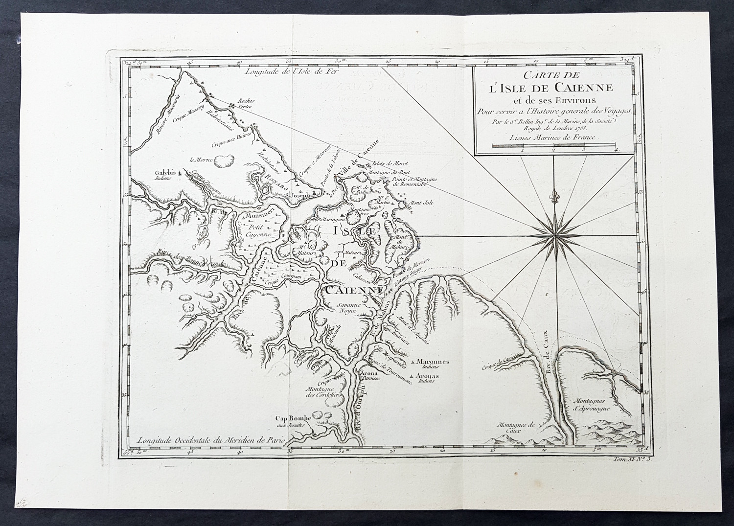 1753 Bellin Antique Map of The Island of Cayenne French Guyana, South America