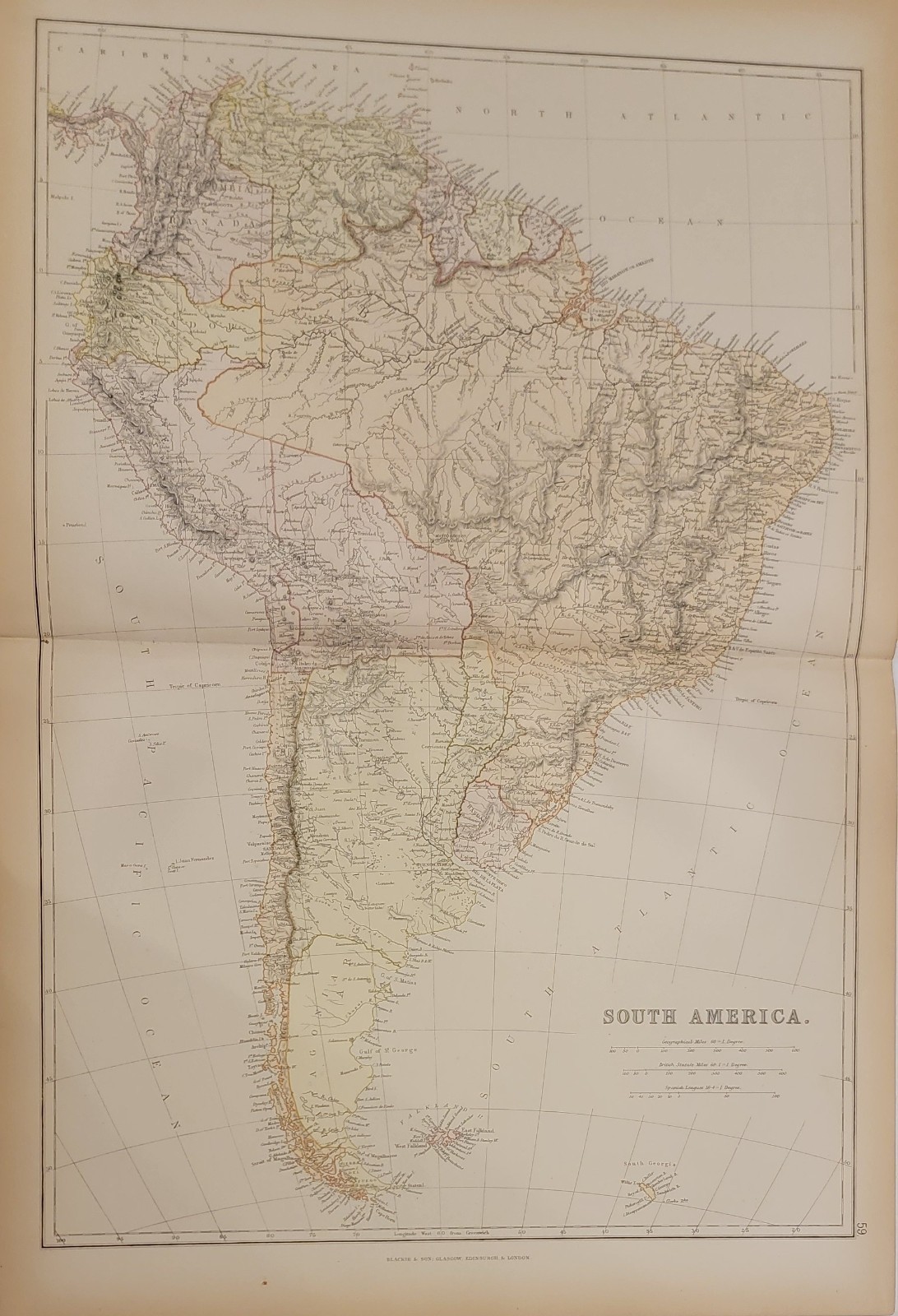 1882 Blackie large map South America printed color