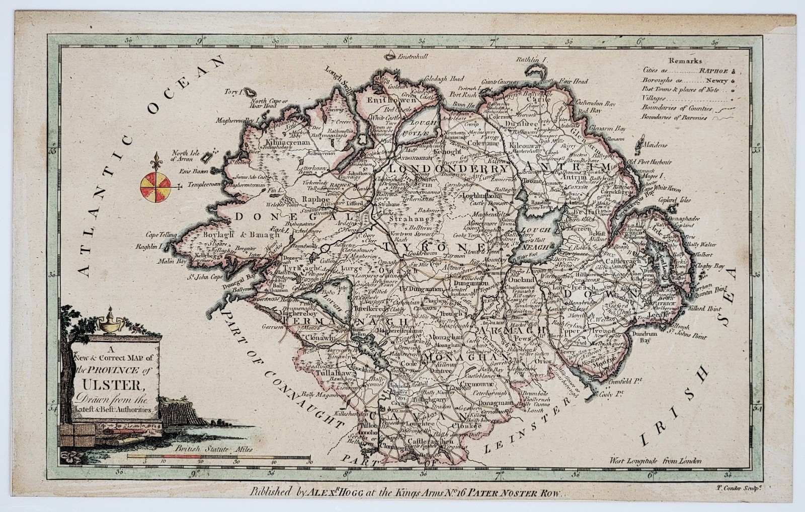 1778 Alexander Hogg Map of Ulster Ireland Original Hand Colored Provincial Map