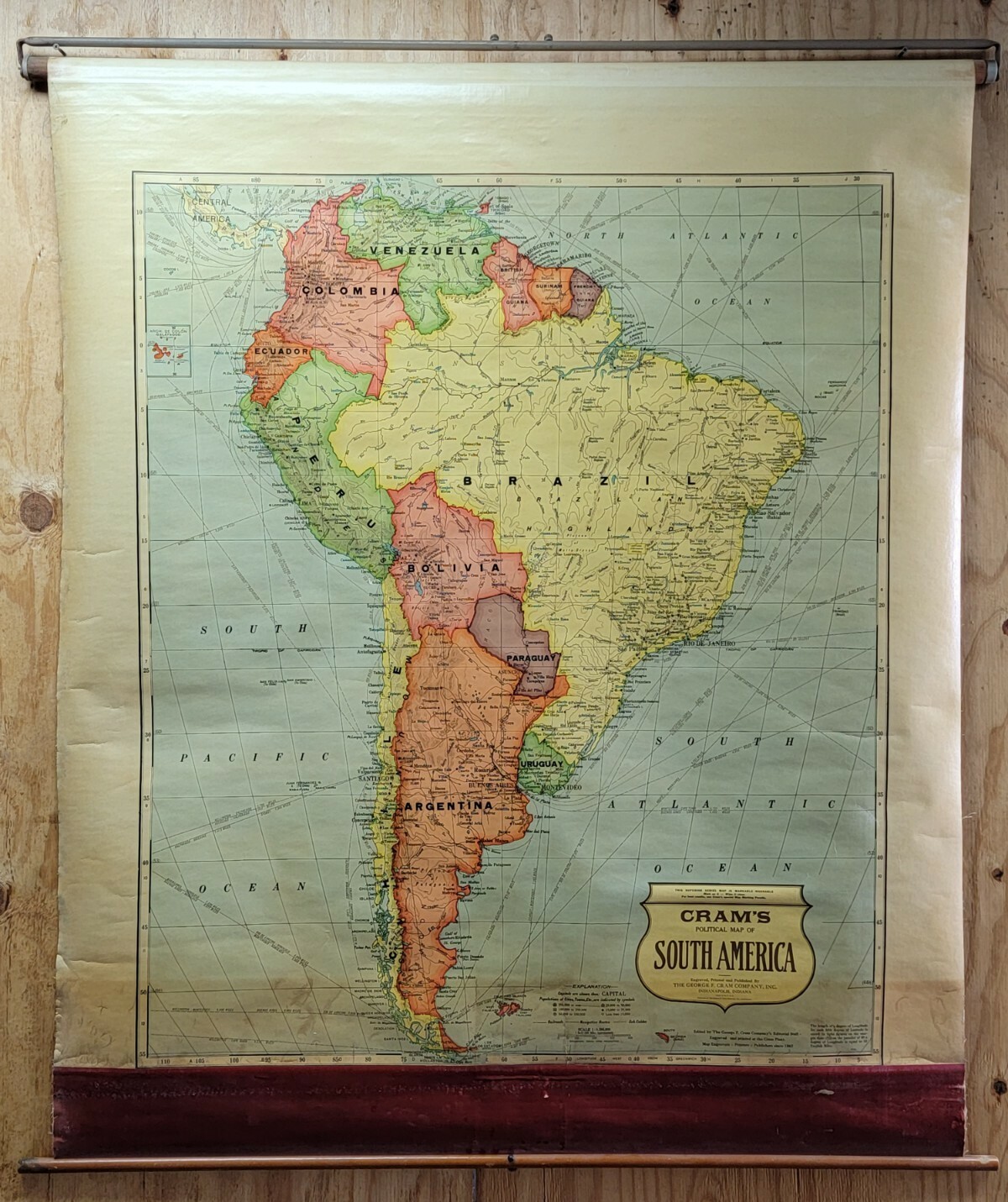 Vintage Cram’s South America Map Pull Down Roll Up 51″ x 62″ Markable Washable
