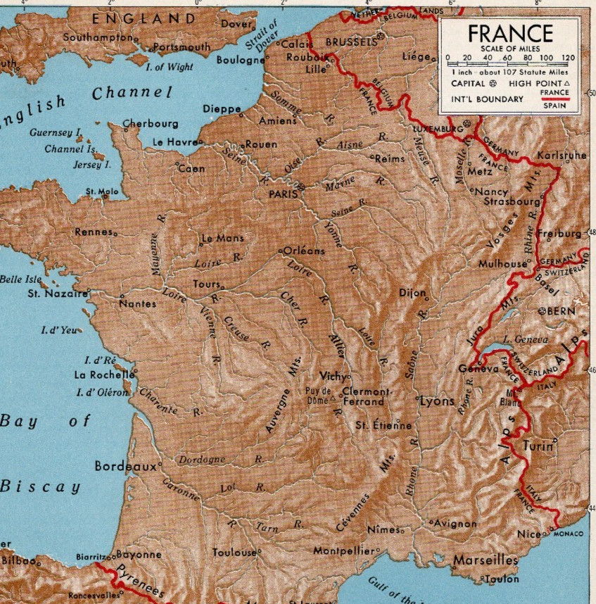 France Regions Rivers & Borders Small Vintage Map 1922–1948 Print