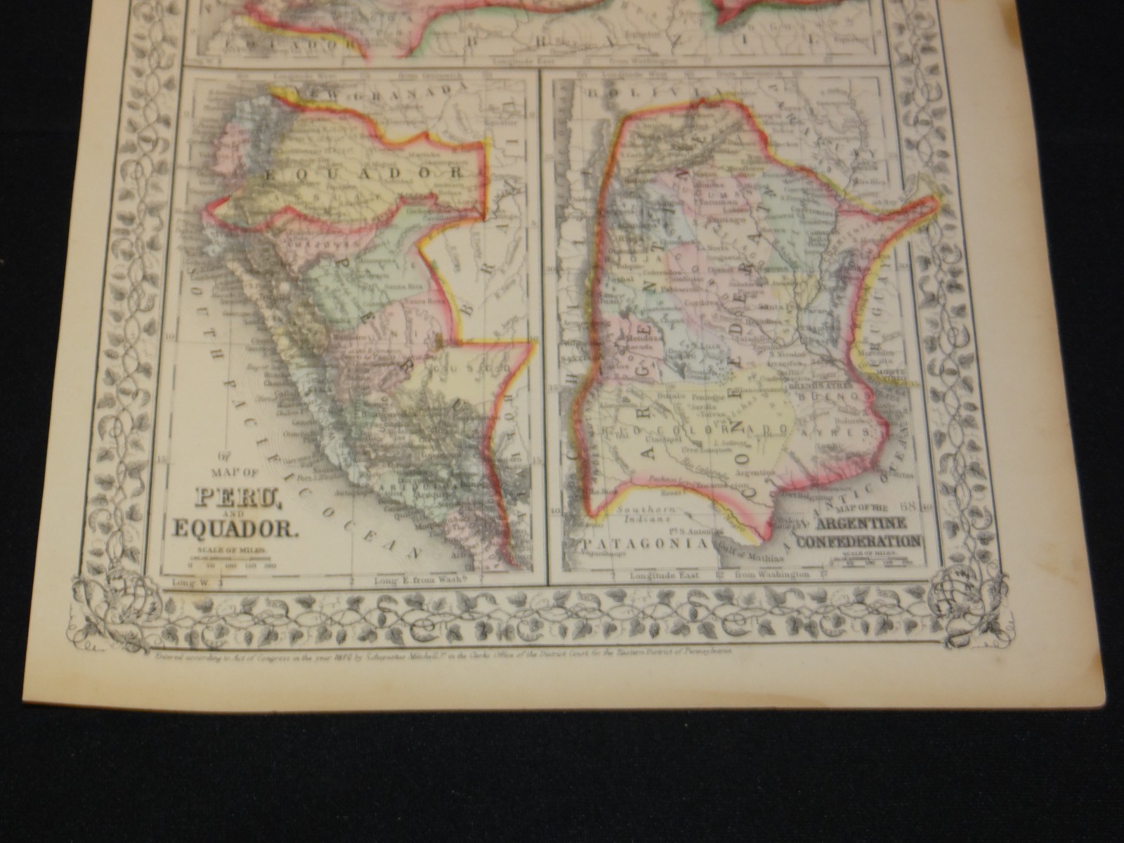 ONE (1) 1867/1871 MITCHELL ATLAS MAP “PERU, VENEZUELA & ARGENTINE” 15.25″x12″
