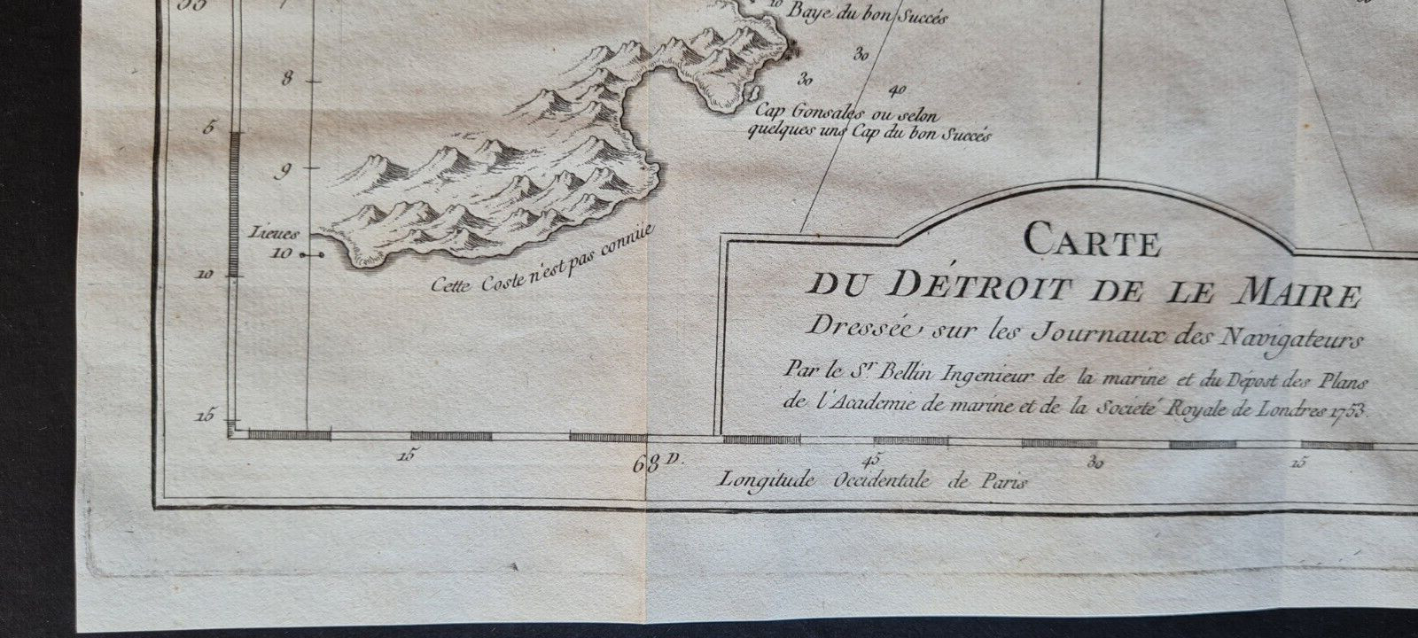 Antique (1753) map – Tierra del Fuego – Le Maire Strait – Argentina – Bellin