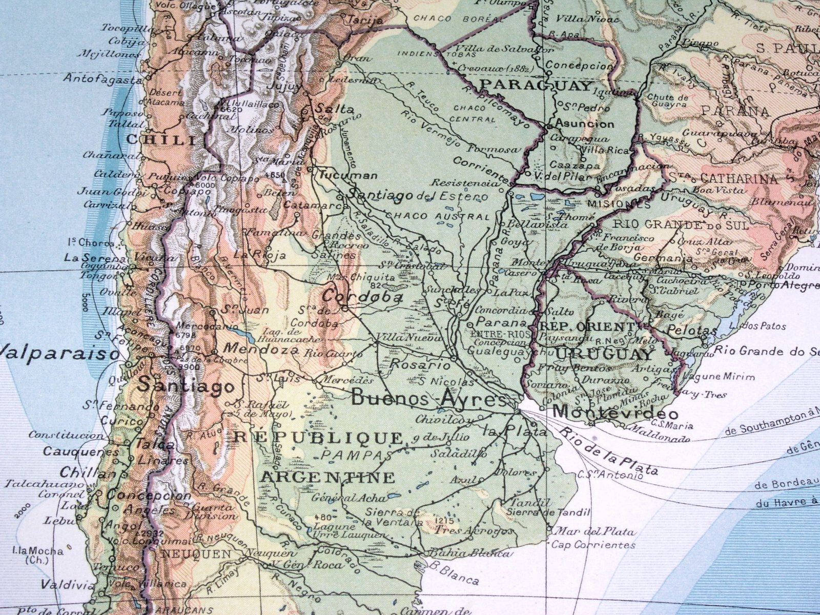 1925 VINTAGE PHYSICAL MAP OF SOUTH AMERICA PERU CHILE BRAZIL ARGENTINA