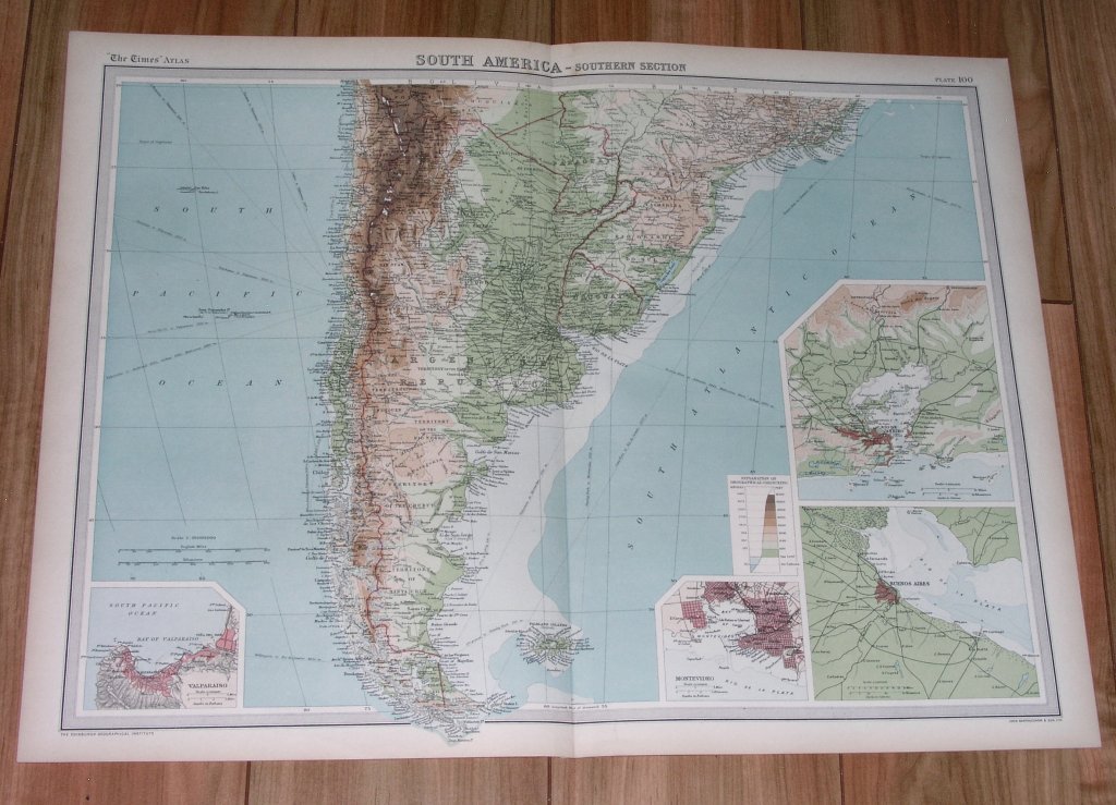 1922 ORIGINAL MAP OF SOUTH AMERICA ARGENTINA CHILE BUENOS AIRES RIO DE JANEIRO