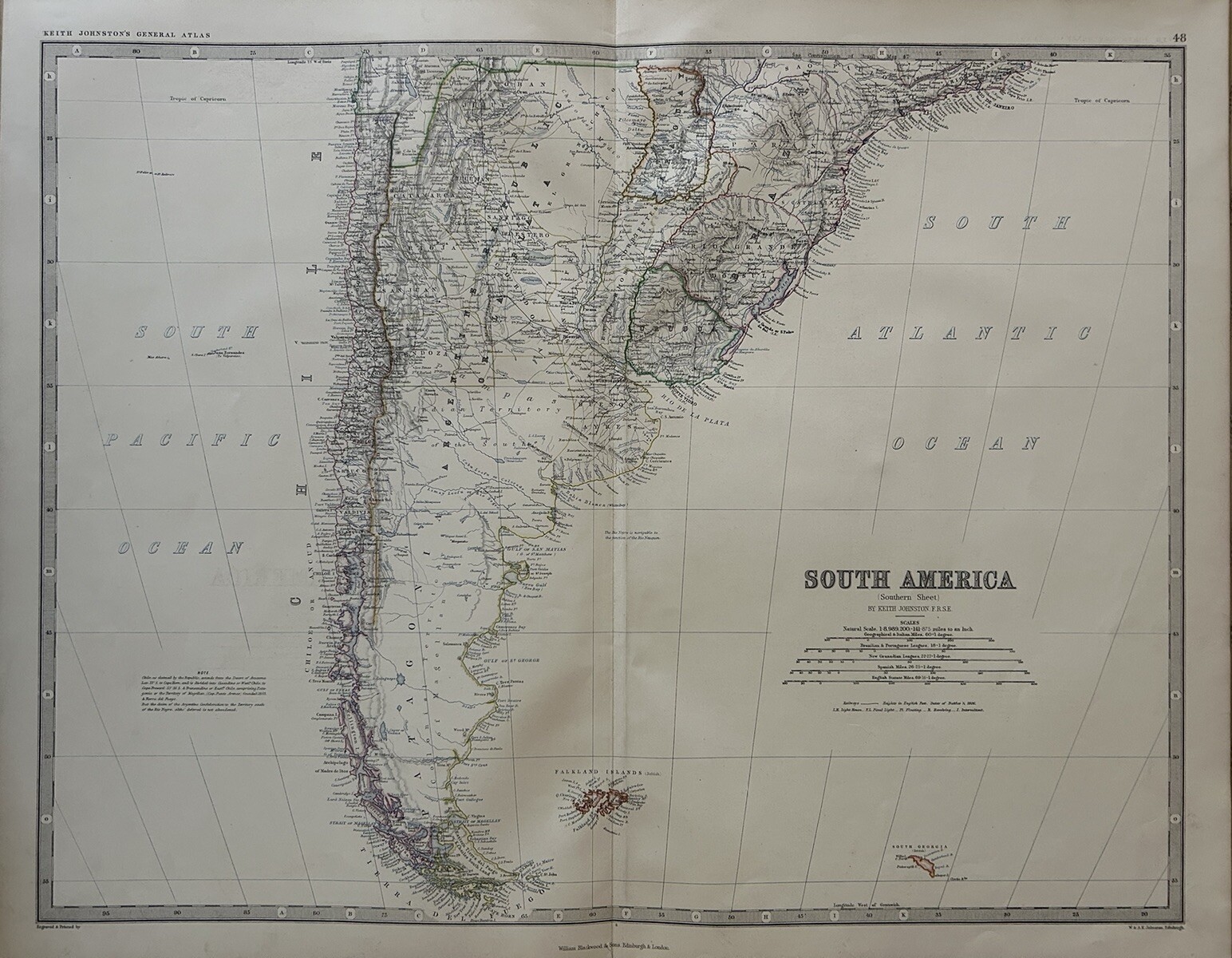 1876 Chile & Argentina Large Hand Coloured Original Antique Map by Johnston