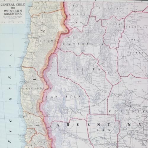 CHILE ARGENTINA MAP Large Antique FULL COLOR 1928 21″x14″ Central Chile West Arg