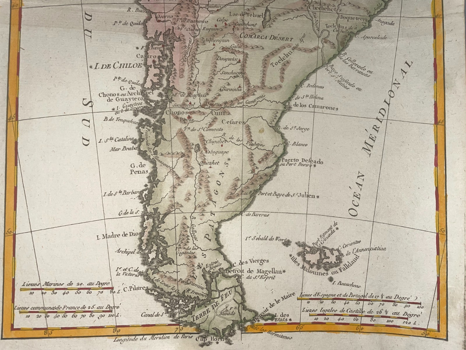CHILE PERU ARGENTINA 1780 RIGOBERT BONNE ANTIQUE ENGRAVED MAP 18TH CENTURY