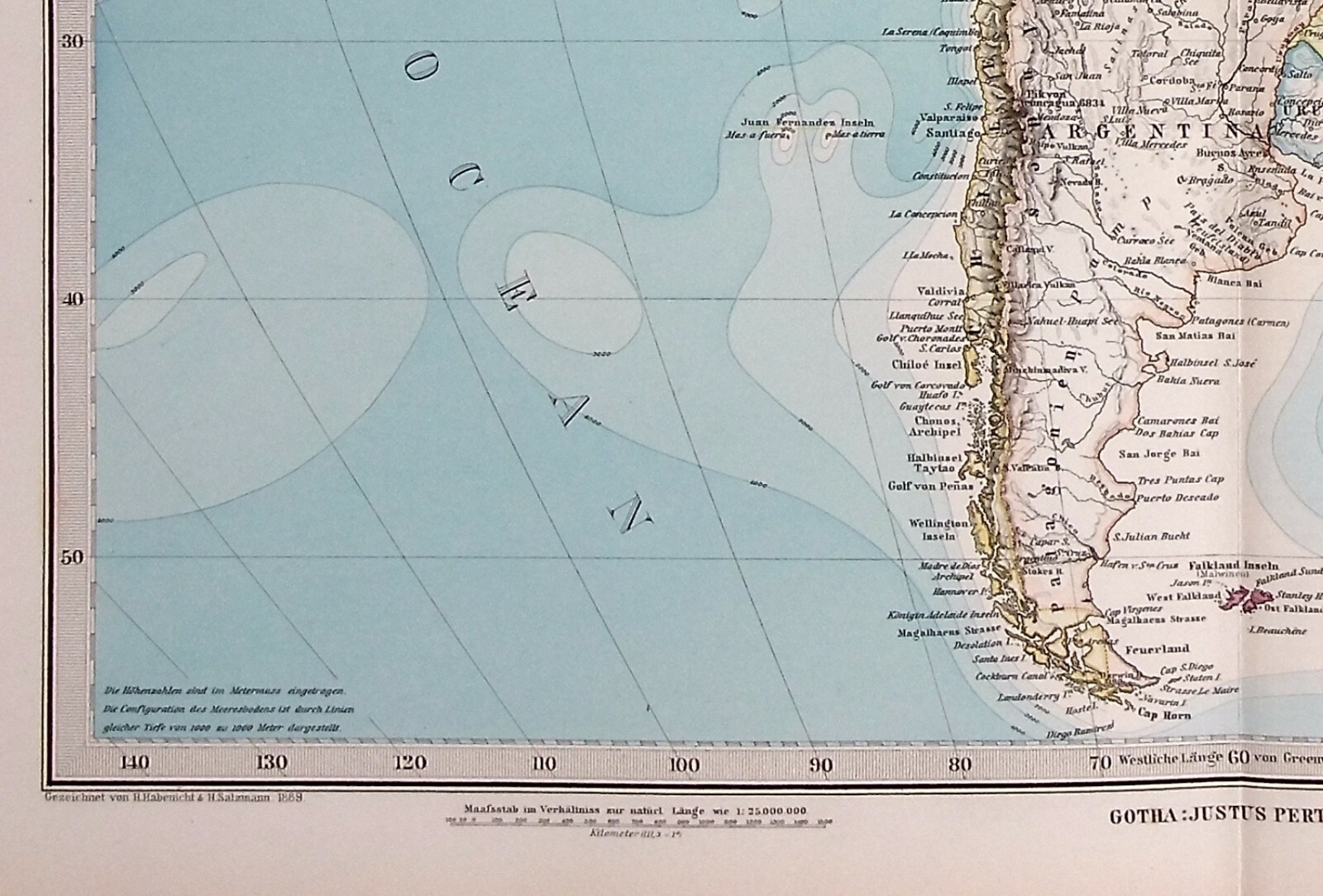 SOUTH AMERICA, BRASIL, CHILE, ARGENTINA, PERU original antique map, Stieler 1889