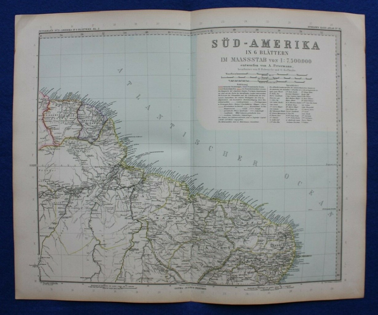 Original antique map SOUTH AMERICA, DUTCH GUYANA, FRENCH GUYANA, Stieler, 1891