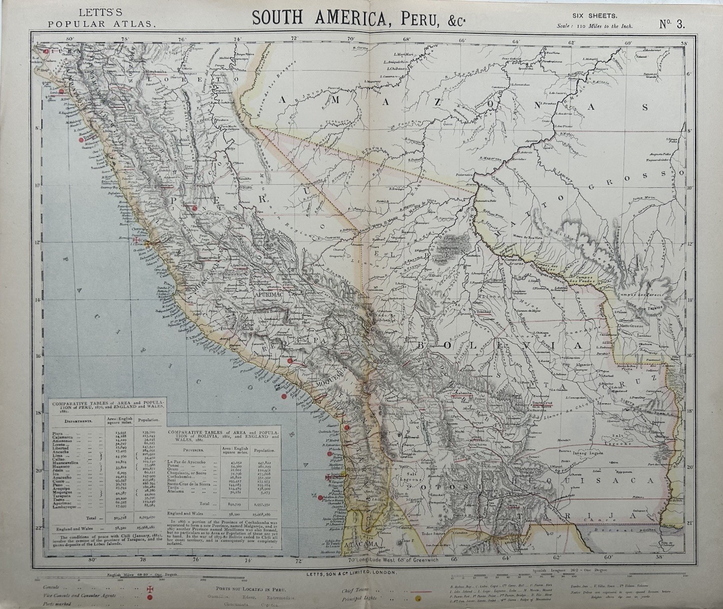 1883 Peru & Bolivia Original Antique Colour Map by Letts