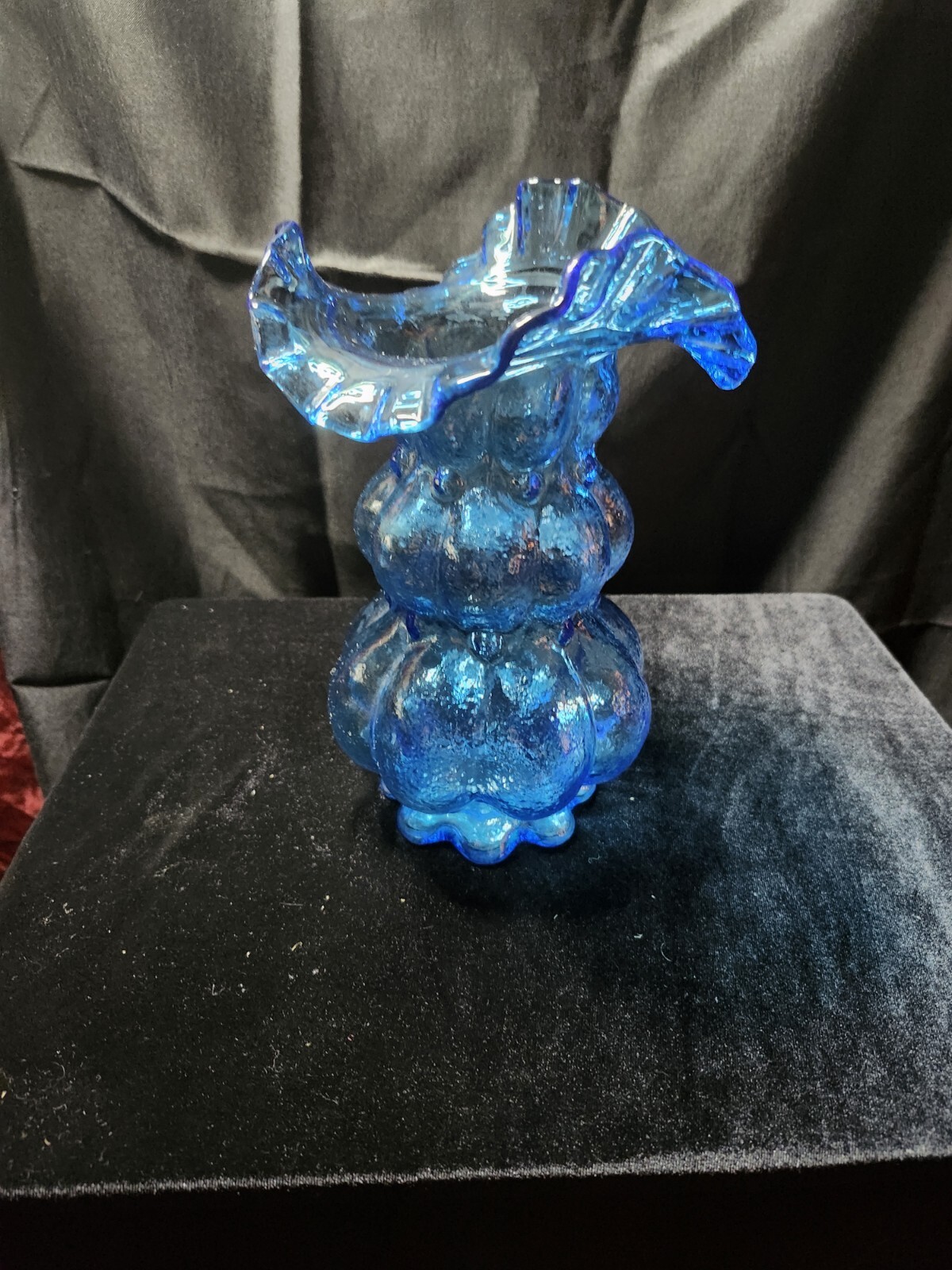 Vintage Ribbed Blue Art Glass Hooped Vase. Dunbar W. Virginia