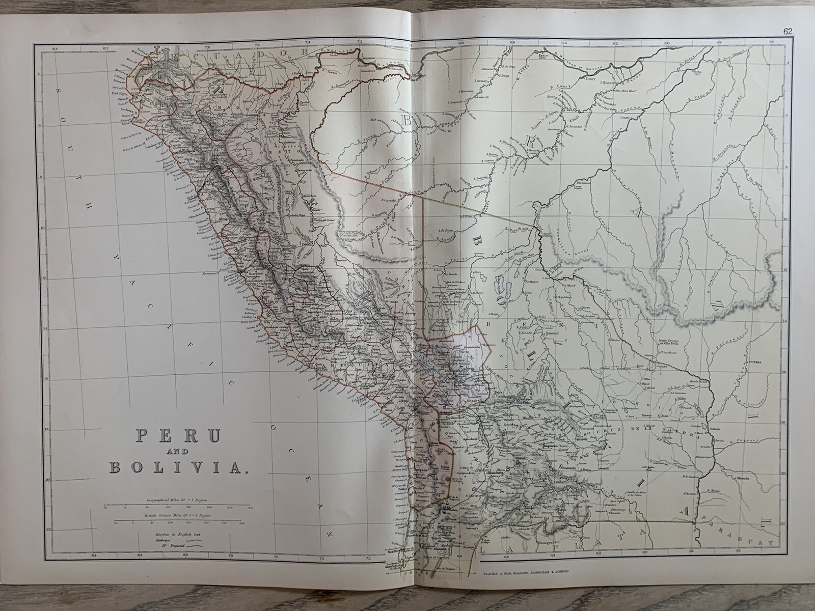 1882 PERU & BOLIVIA ORIGINAL ANTIQUE COLOUR MAP BY W.G. BLACKIE 138 YEARS OLD