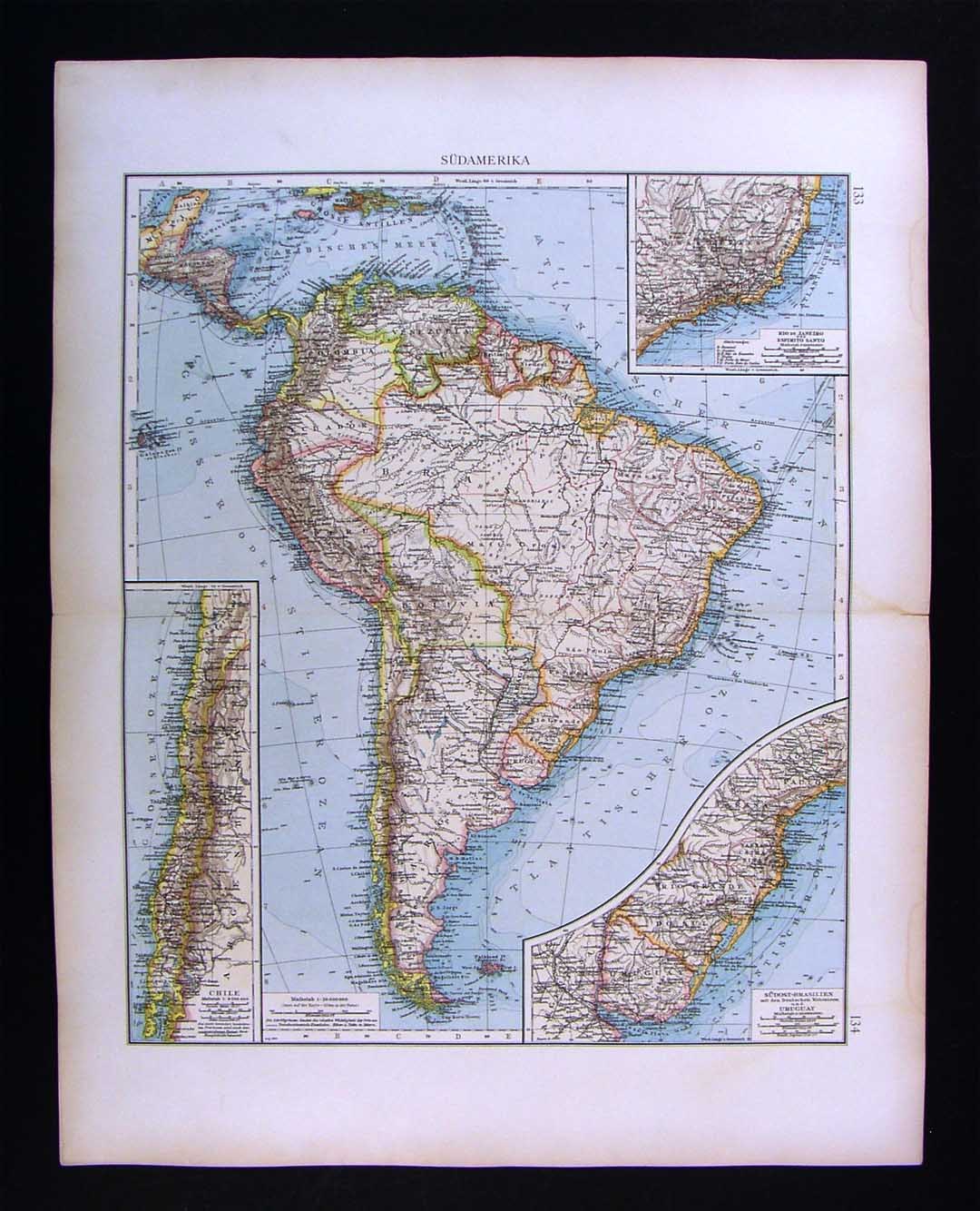 1896 Andrees Map South America Brazil Chile Peru Rio de Janeiro Amazon Colombia